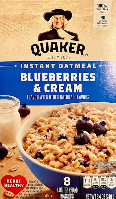 Quaker Instant Oatmeal blueberries & cream box front for a quick wholesome breakfast