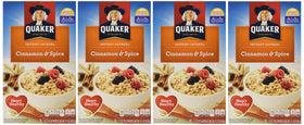 Quaker Instant Oatmeal Cinnamon & Spice box front shows a quick breakfast option.