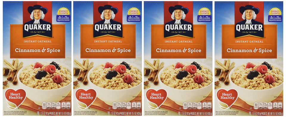 Quaker Instant Oatmeal Cinnamon & Spice box front shows a quick breakfast option.