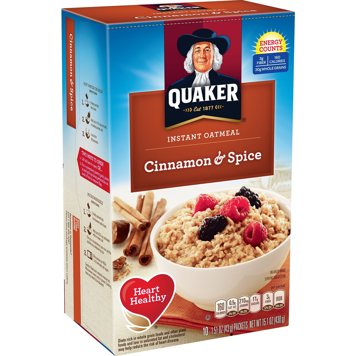 Quaker Cinnamon & Spice oatmeal box side highlights nutrition for a nourishing morning.