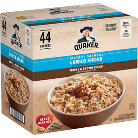 Quaker Instant Oatmeal Lower Sugar Maple & Brown Sugar front package for quick breakfasts
