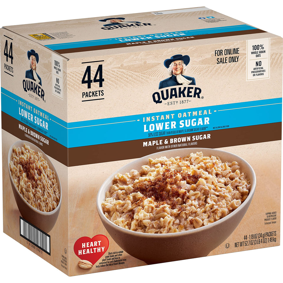 Quaker Instant Oatmeal Lower Sugar Maple & Brown Sugar front package for quick breakfasts