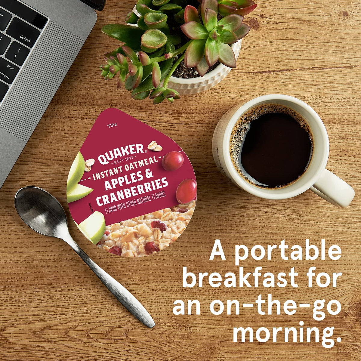 Quaker instant oatmeal cup ready for microwave, a warm, convenient morning option.