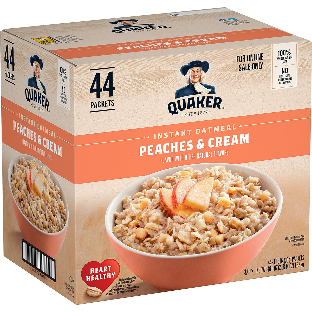 Quaker Instant Oatmeal Peaches and Cream packets for quick, warm breakfasts.