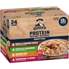 Quaker Instant Oatmeal Protein Variety Pack box with 24 packets for quick mornings