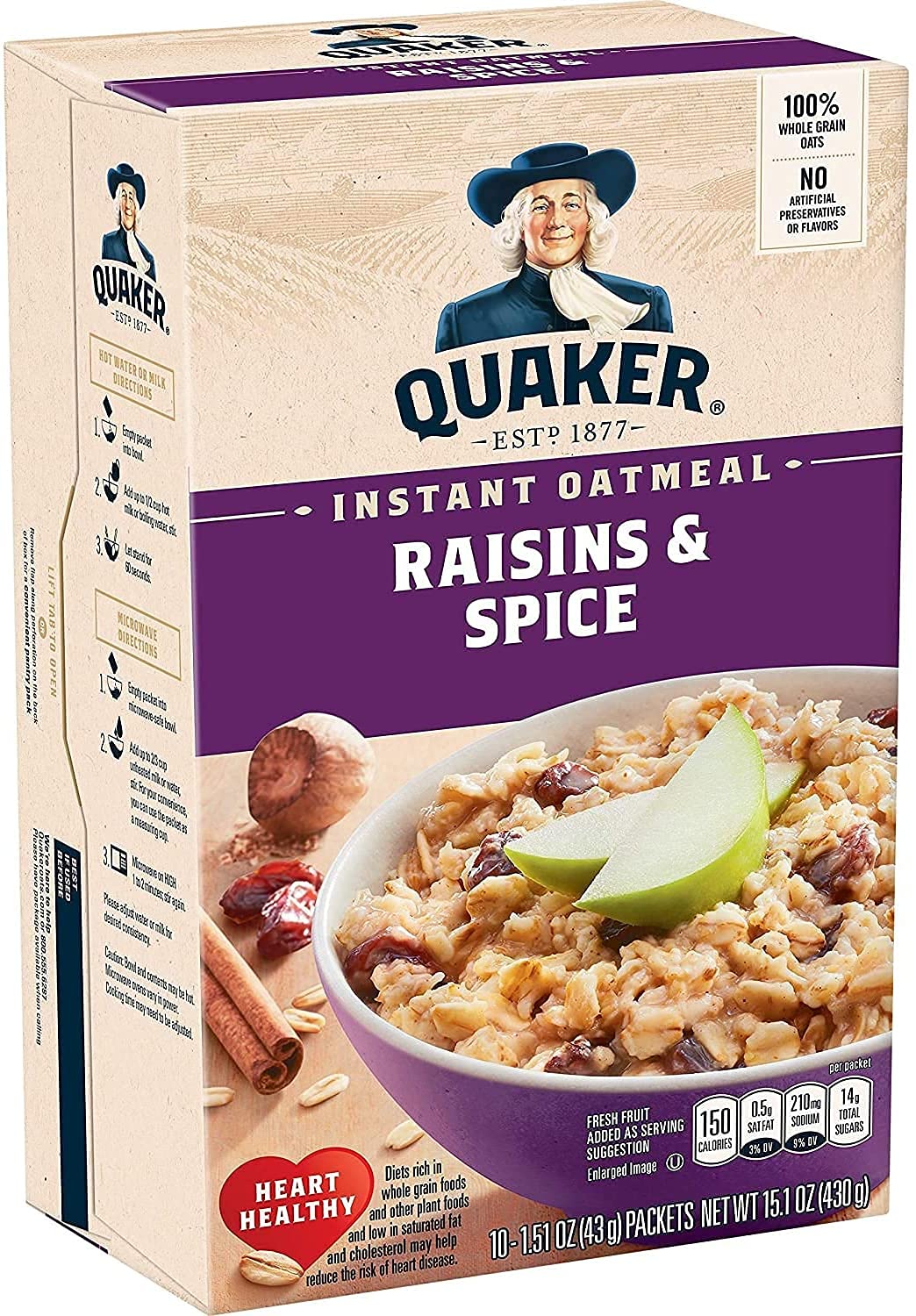 Quaker Instant Oatmeal Raisin & Spice box front, quick breakfast cue.
