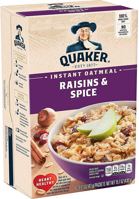 Quaker Instant Oatmeal Raisin & Spice box front, quick breakfast cue.