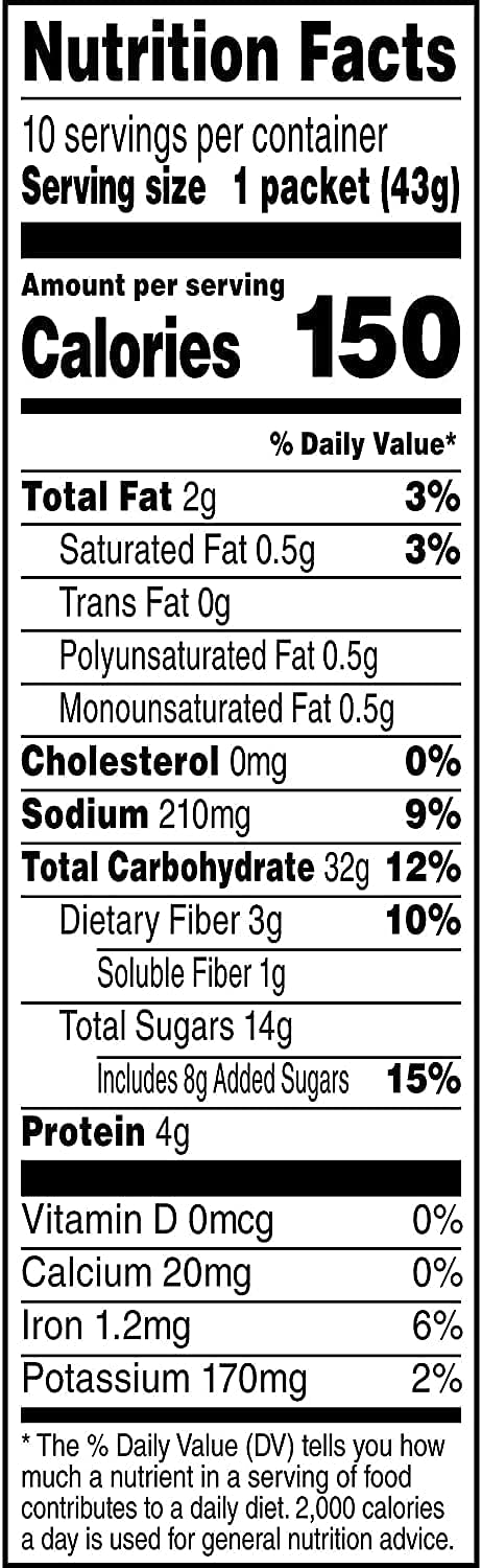 Quaker Instant Oatmeal Raisin & Spice nutrition panel.