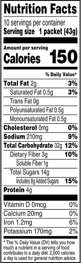 Quaker Instant Oatmeal Raisin & Spice nutrition panel.