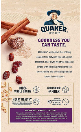 Quaker Instant Oatmeal Raisin & Spice packets inside box for quick prep.