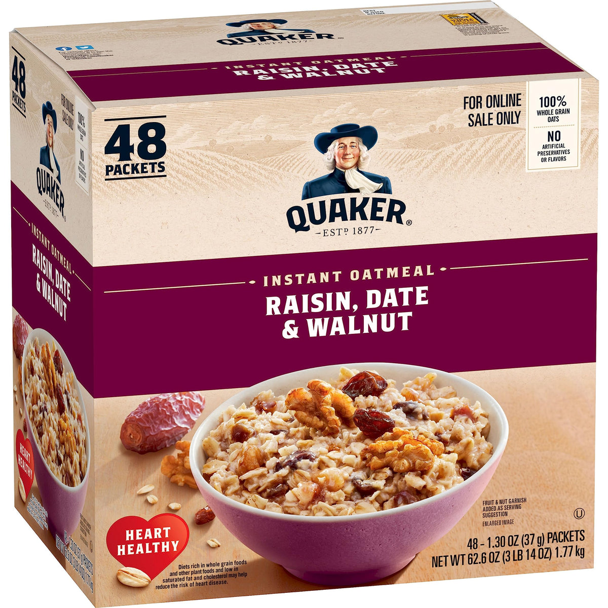 Quaker instant oatmeal bowl with raisins, dates and walnuts being poured for a quick, fiber-rich breakfast.