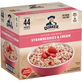 Quaker Instant Oatmeal Strawberries & Cream packets ready for quick, fiber-rich breakfasts.