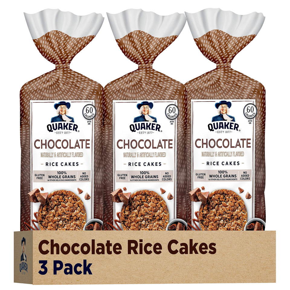 Quaker Large Rice Cakes Chocolate 3-pack front view, gluten-free snack option