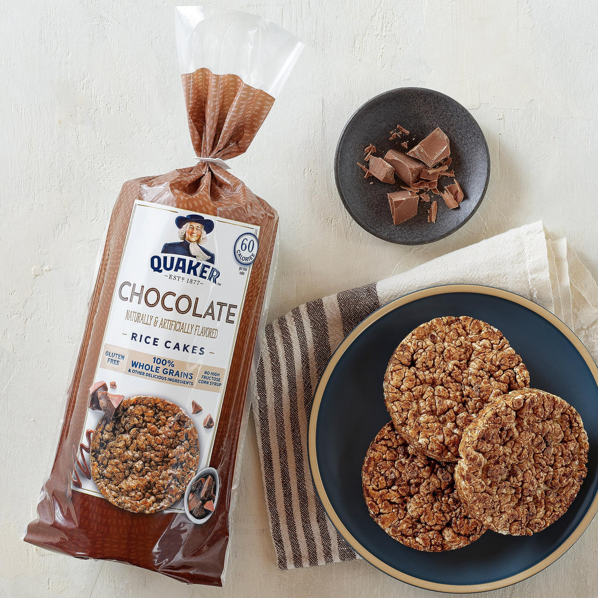 Quaker Large Rice Cakes Chocolate label highlights 10g whole grains per cake