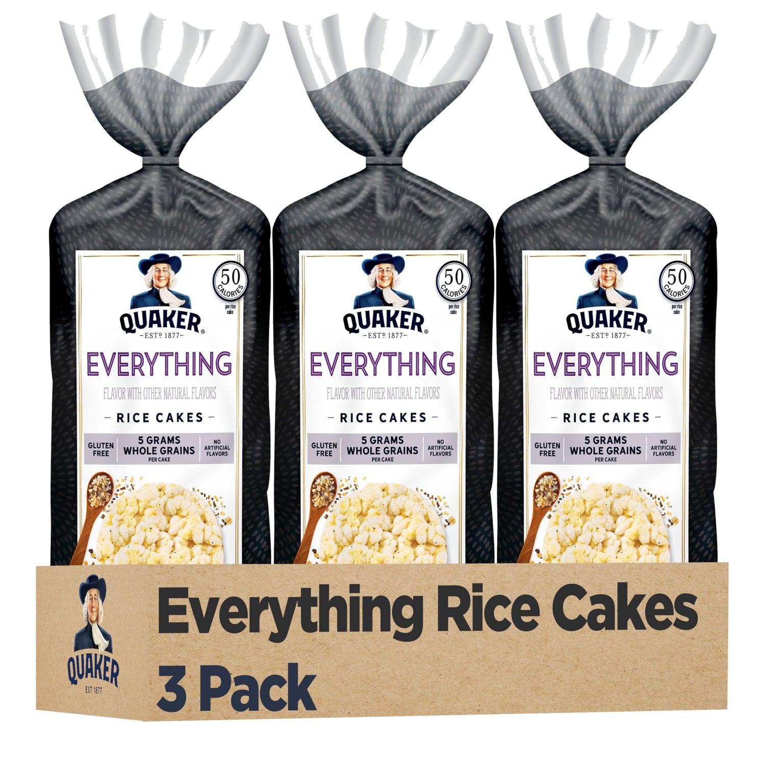 Quaker Large Rice Cakes Everything pack front view; gluten-free snack option.