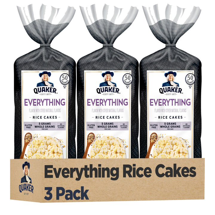 Quaker Large Rice Cakes Everything pack front view; gluten-free snack option.