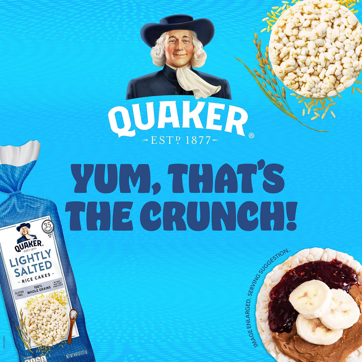 Quaker Large Rice Cakes gluten-free lightly salted pack shown as a versatile snack.