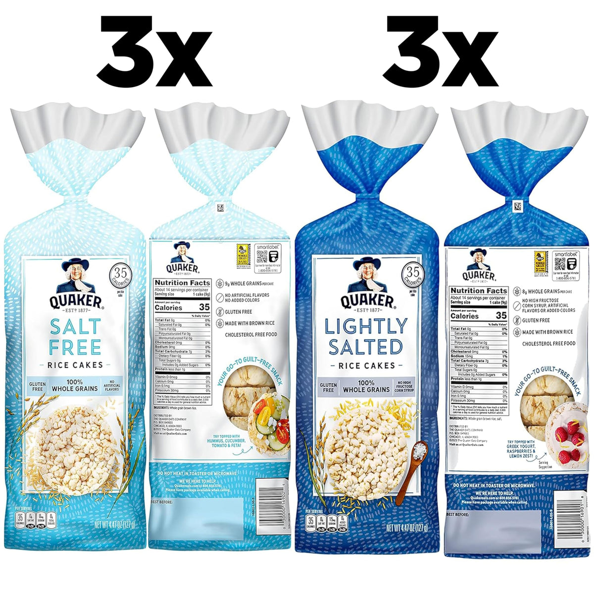 Quaker Large Rice Cakes gluten-free salt-free pack display for tastier snacking.