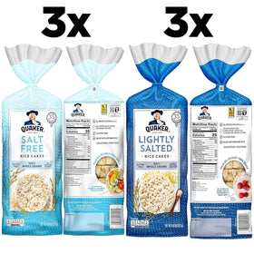 Quaker Large Rice Cakes gluten-free salt-free pack display for tastier snacking.