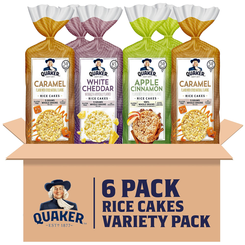 Quaker Large Rice Cakes gluten-free variety pack front view for quick snacking.