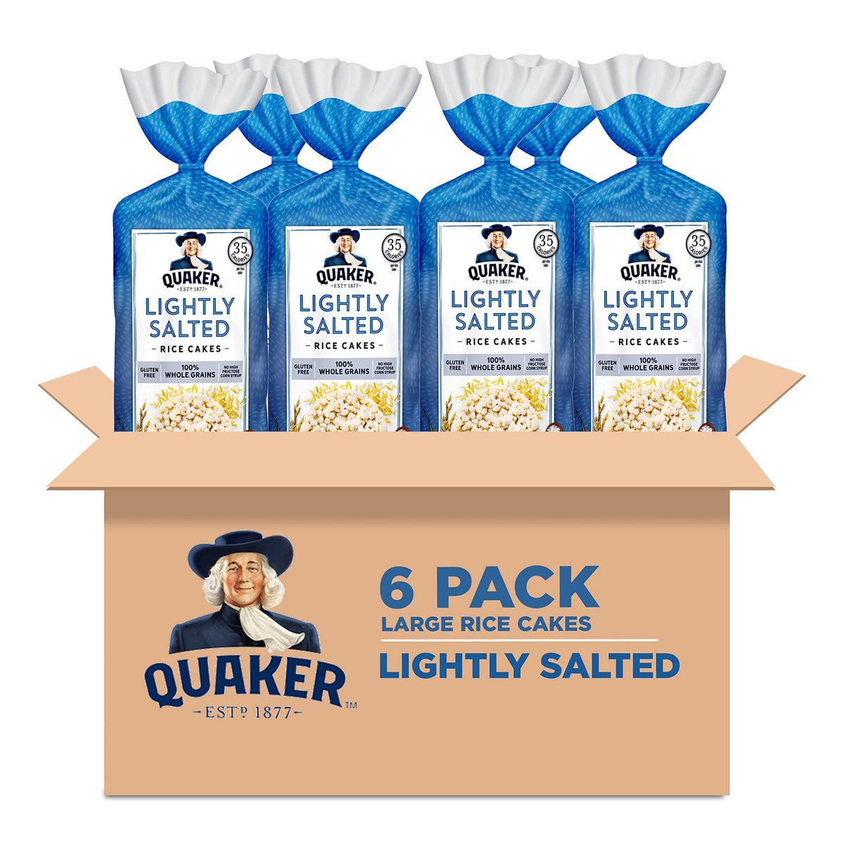 Quaker Large Rice Cakes in a six-pack, crisp and gluten-free for on-the-go snacking.