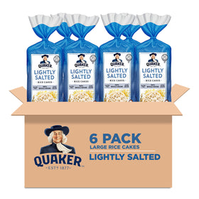 Quaker Large Rice Cakes in a six-pack, crisp and gluten-free for on-the-go snacking.