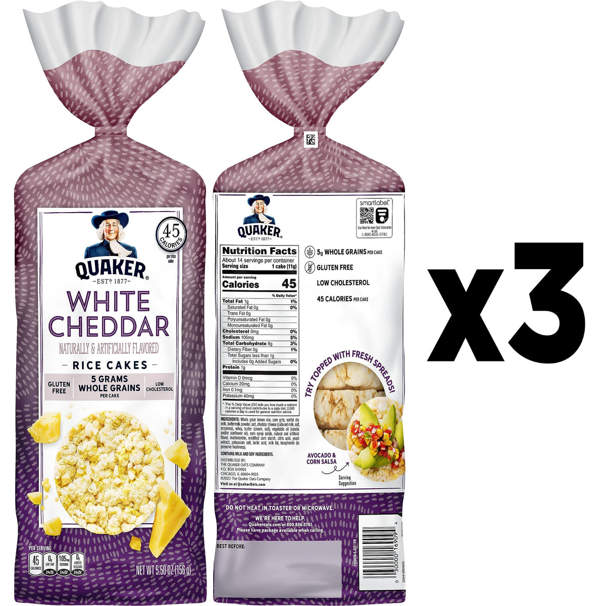 Quaker White Cheddar Rice Cakes with a crisp bite for a quick snack.