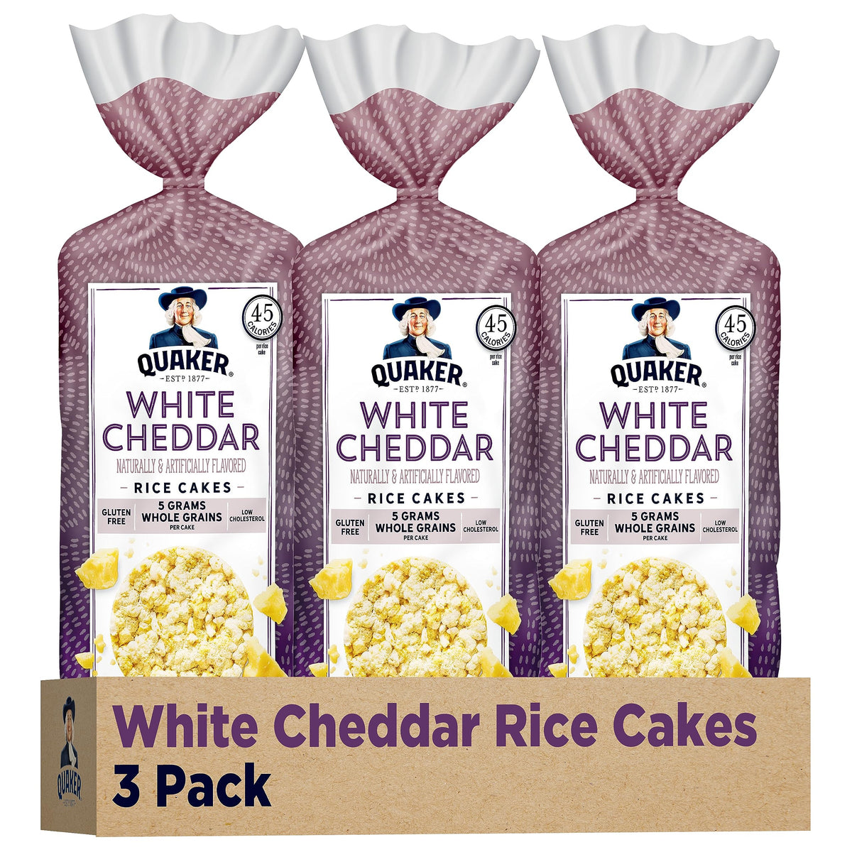 Quaker White Cheddar Rice Cakes 3-pack for easy snacking.