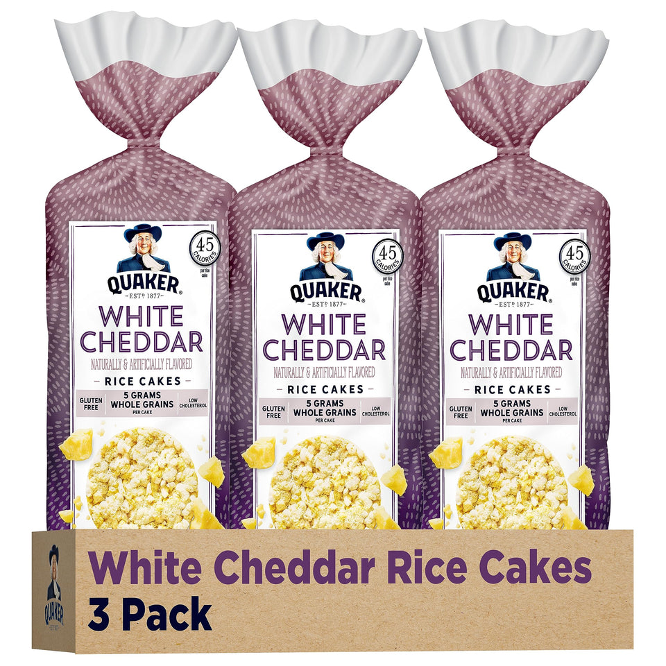 Quaker White Cheddar Rice Cakes 3-pack for easy snacking.