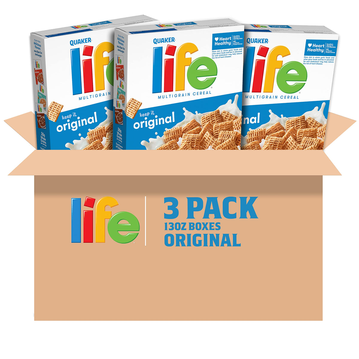 Quaker Life Cereal Original 13oz pack on kitchen counter for a healthy breakfast
