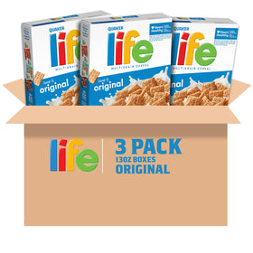 Quaker Life Cereal Original 13oz pack on kitchen counter for a healthy breakfast
