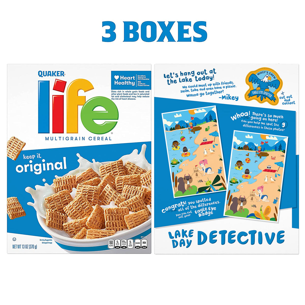 Close-up of Quaker Life Cereal Original flakes highlighting 20g whole grains per serving