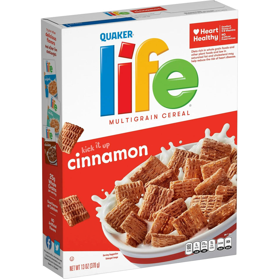 Quaker Life Multigrain Cinnamon cereal box front highlights wholesome grains.