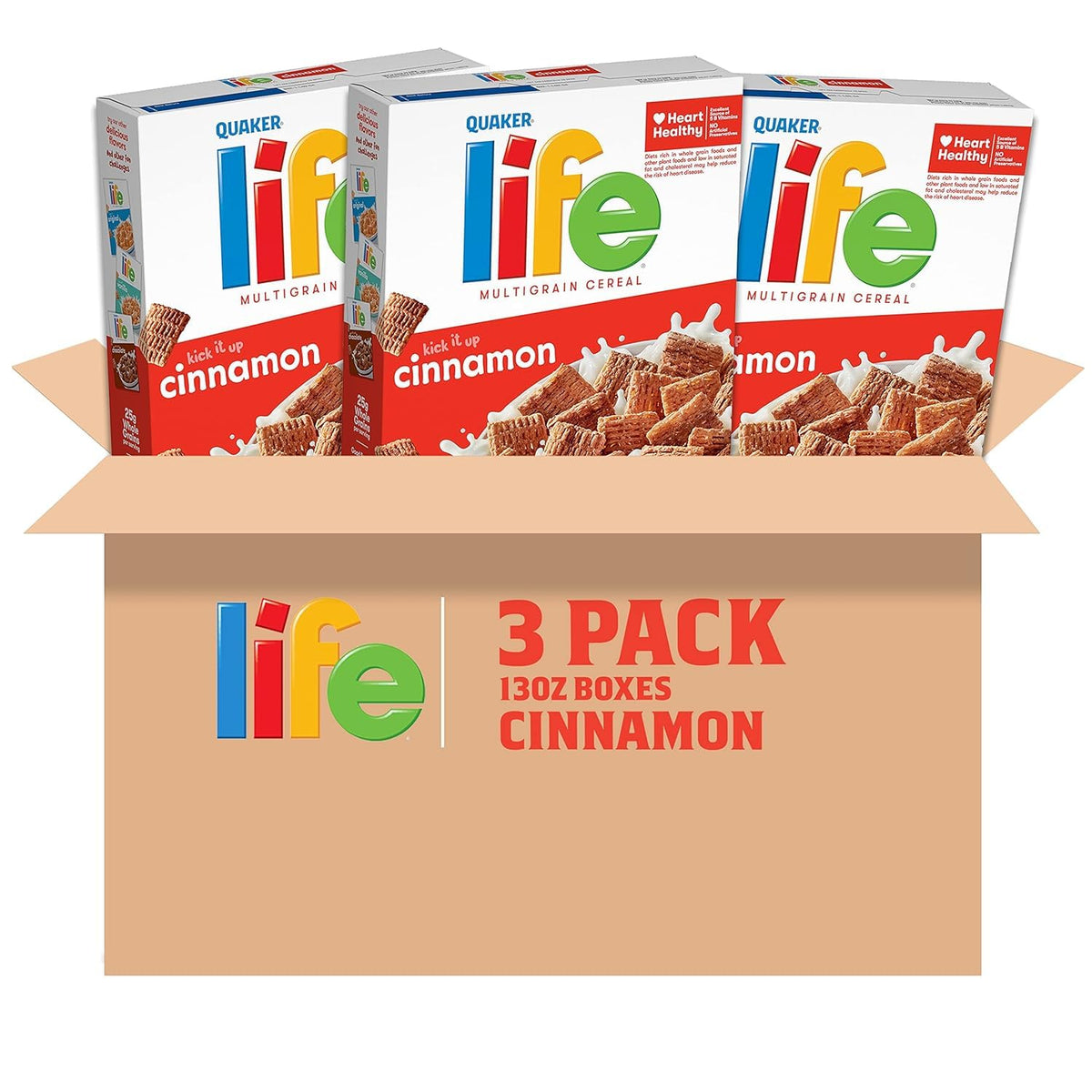 Quaker Life Multigrain Cinnamon package back notes B vitamins and flavors.