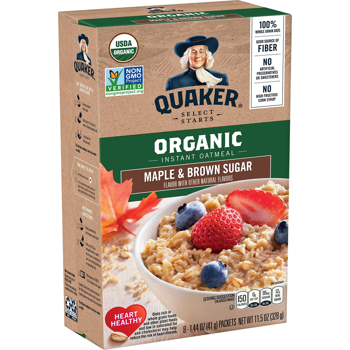 Quaker Maple & Brown Sugar instant oatmeal packets for quick, flavorful mornings.