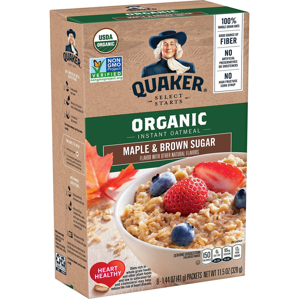 Quaker Maple & Brown Sugar instant oatmeal packets for quick, flavorful mornings.