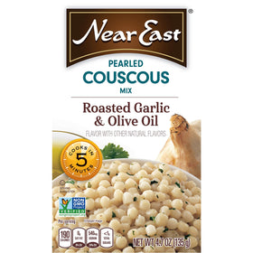 Quaker Near East pearled couscous boxed with roasted garlic aroma for quick sides.