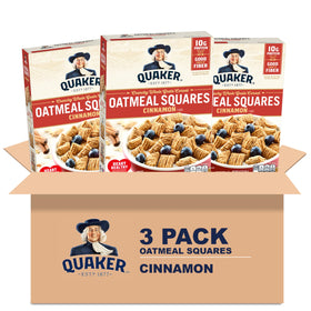 Quaker Oatmeal Squares Cinnamon box front in a three-pack for quick mornings.