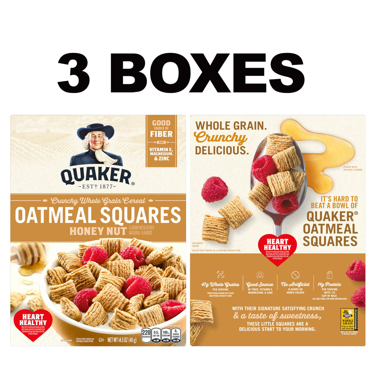 Quaker Oatmeal Squares Honey Nut served with milk highlights fiber and protein.