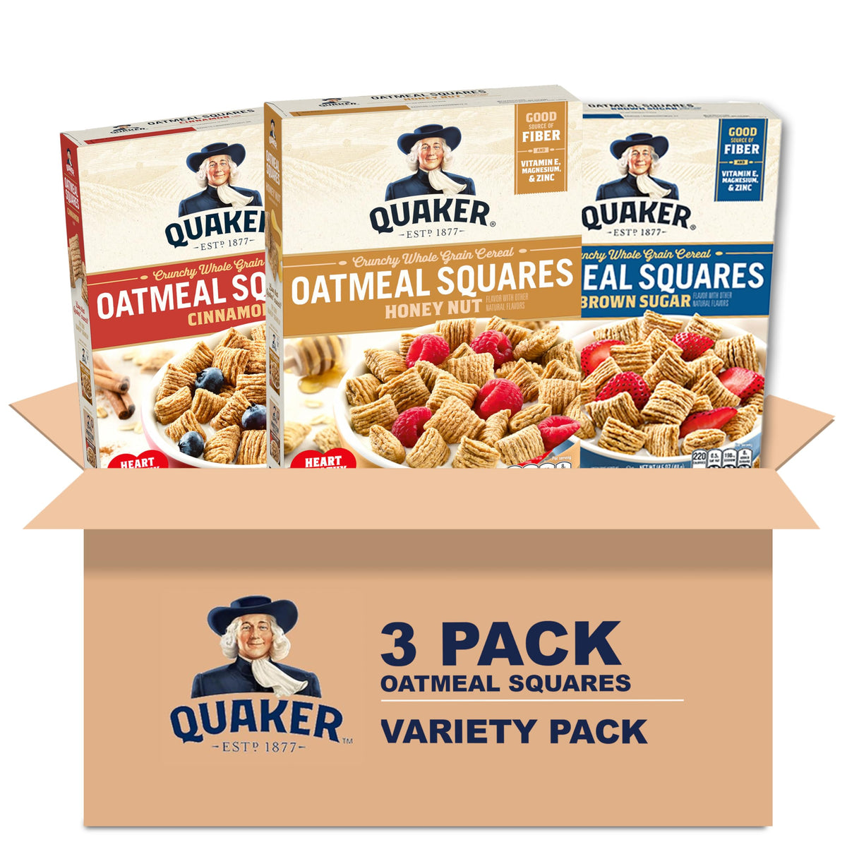 Quaker Oatmeal Squares variety pack box front for quick breakfasts