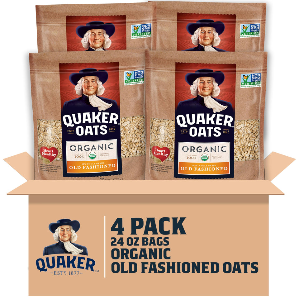 Quaker Organic Old Fashioned Oats in four resealable bags for pantry freshness