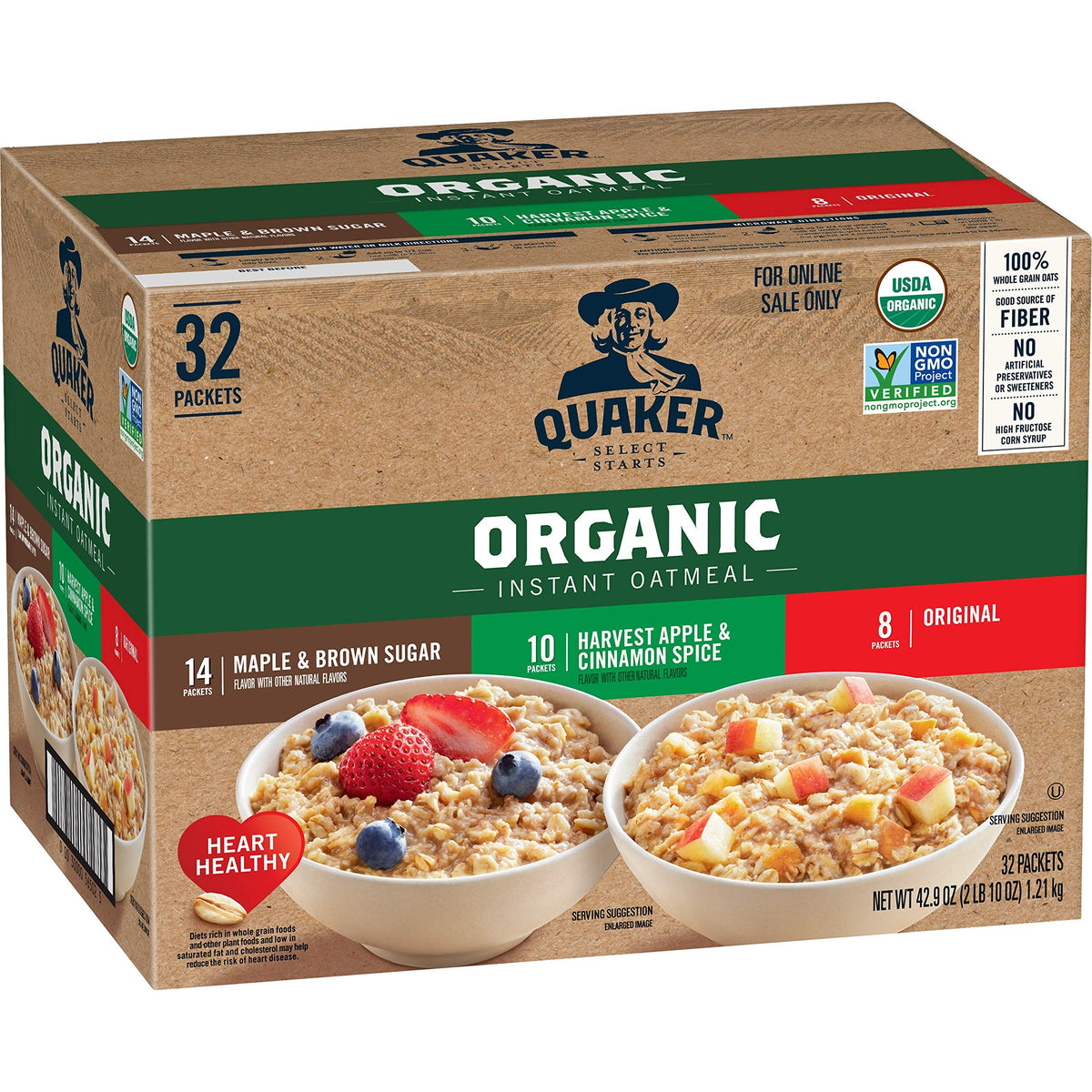 Quaker Organic Instant Oatmeal variety pack front view showing three flavors and packaging.