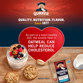 Packaging shows Organic and Non-GMO Verified labels on Quaker oats.