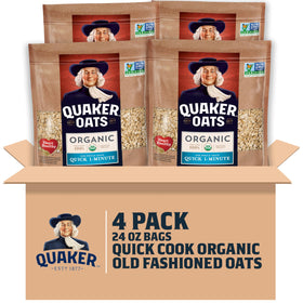 Quaker Organic Quick Cook Oatmeal four-pack in resealable bags for easy pantry storage.