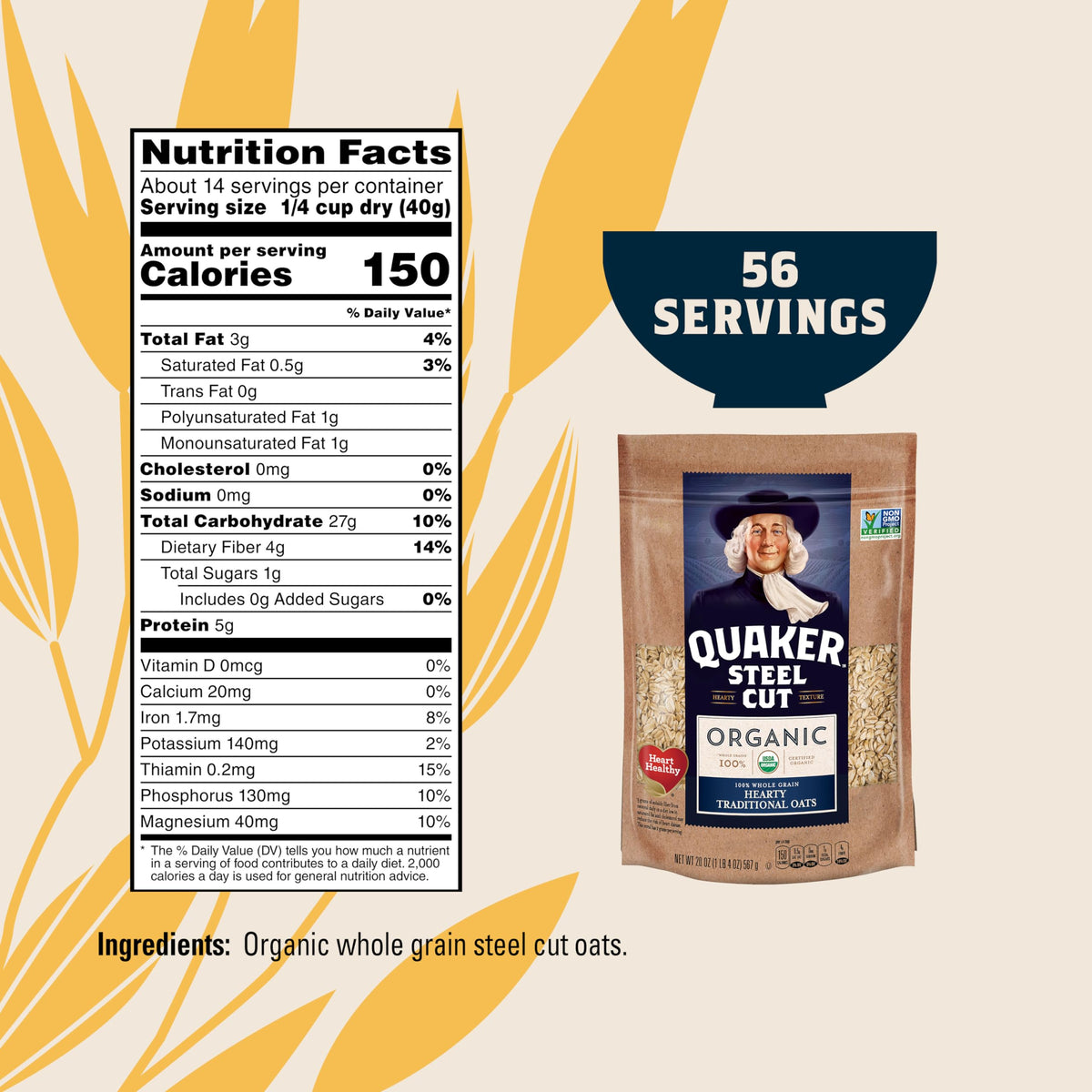 Quaker Organic Steel Cut Oats label highlights organic quality and whole grain.