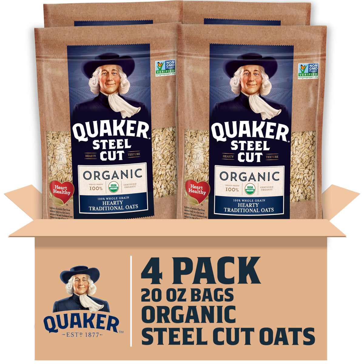 Quaker Organic Steel Cut Oats packaging front view for pantry freshness.