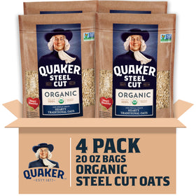 Quaker Organic Steel Cut Oats packaging front view for pantry freshness.