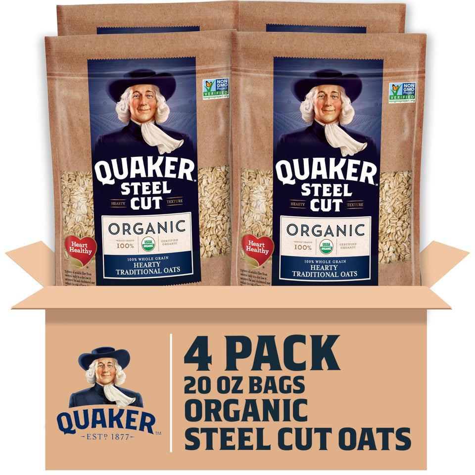 Quaker Organic Steel Cut Oats packaging front view for pantry freshness.