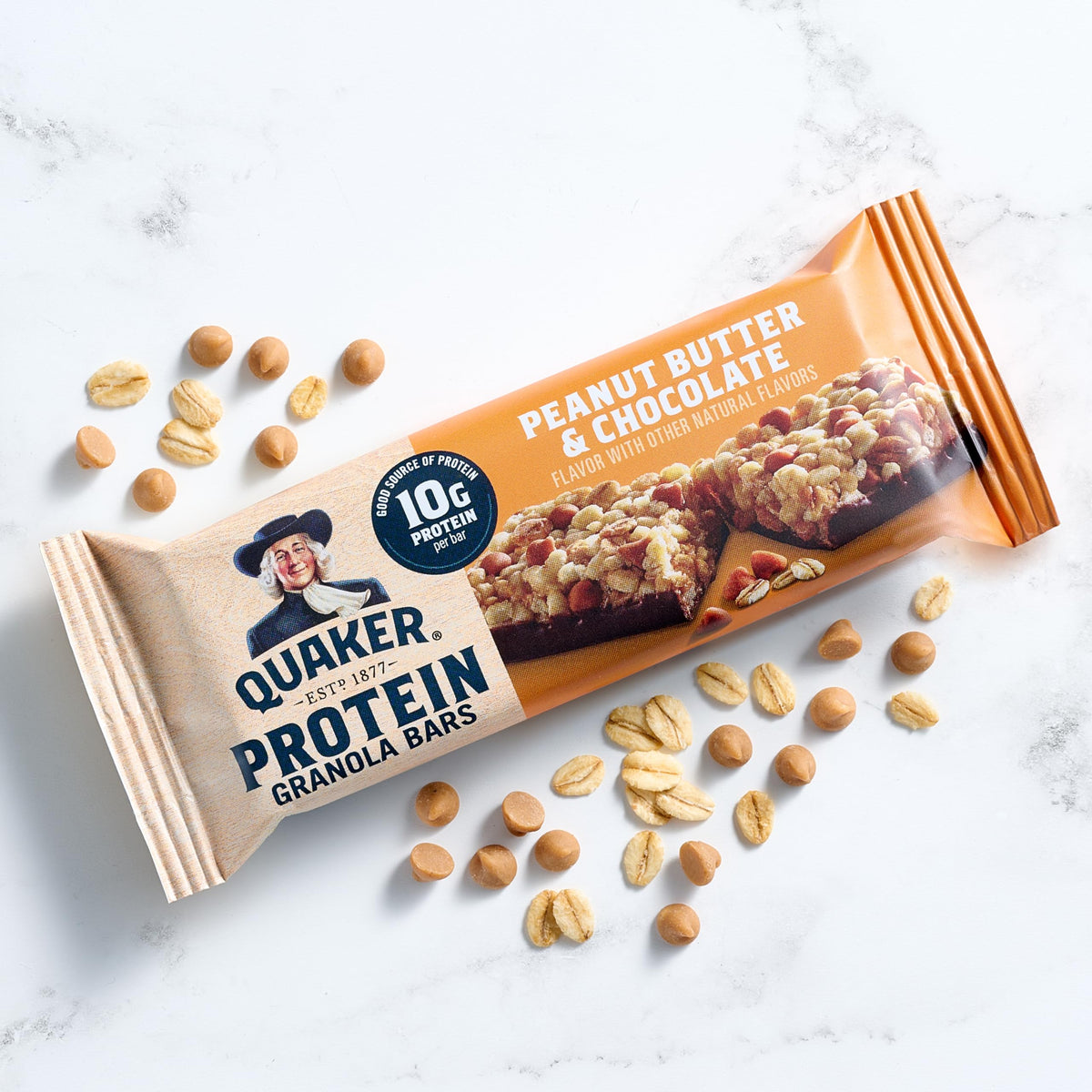 Quaker Protein Granola Bars Peanut Butter & Chocolate flavor emphasizes protein for sustained energy.
