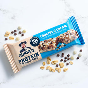 Quaker Protein Granola Bars inside view reveals 20-count box and variety.